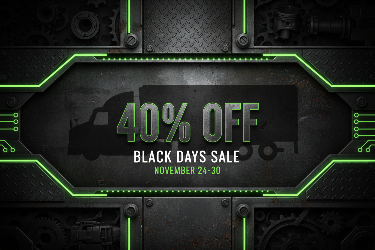 Create a hero banner for an e-commerce Black Days sale (Nov 24–30). The design must relate to the transportation and trucking industry. Use a dark, heavy-duty industrial background inspired by truck parts, metal textures, steel panels, bolts, rugged surfaces, and green LED-style accents. Include subtle visual elements that evoke transportation, such as metallic grids, truck shadows, or mechanical components, without showing specific brands or full vehicles. Remove any logos. Add a bold, high-impact ‘40% OFF