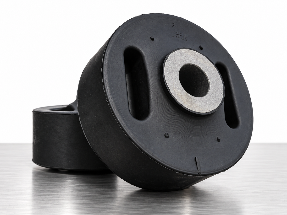 Tri-functional suspension bushing, angled close-up of the rubber body and metal sleeve