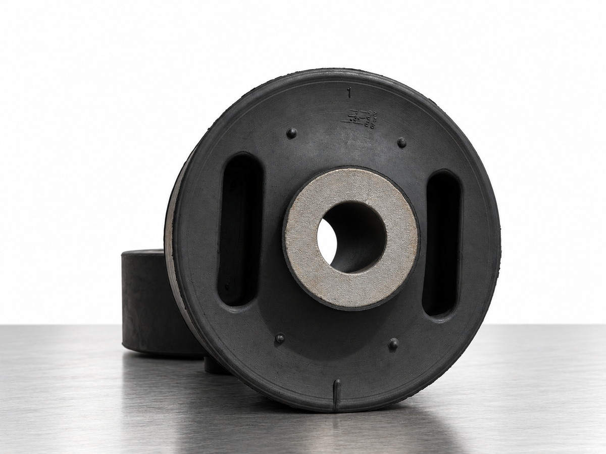 Tri-functional suspension bushing, front view of the metal sleeve and rubber cavities
