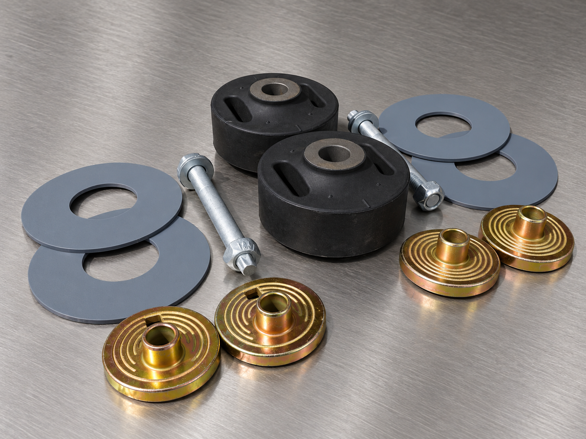 One-axle suspension kit with bushings, plastic washers, bolts and alignment collars, angled view