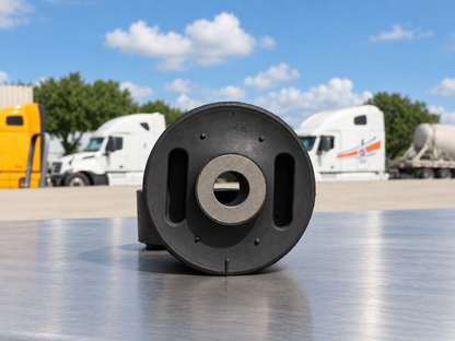 Tri-functional suspension bushing displayed outdoors with trucks in the background