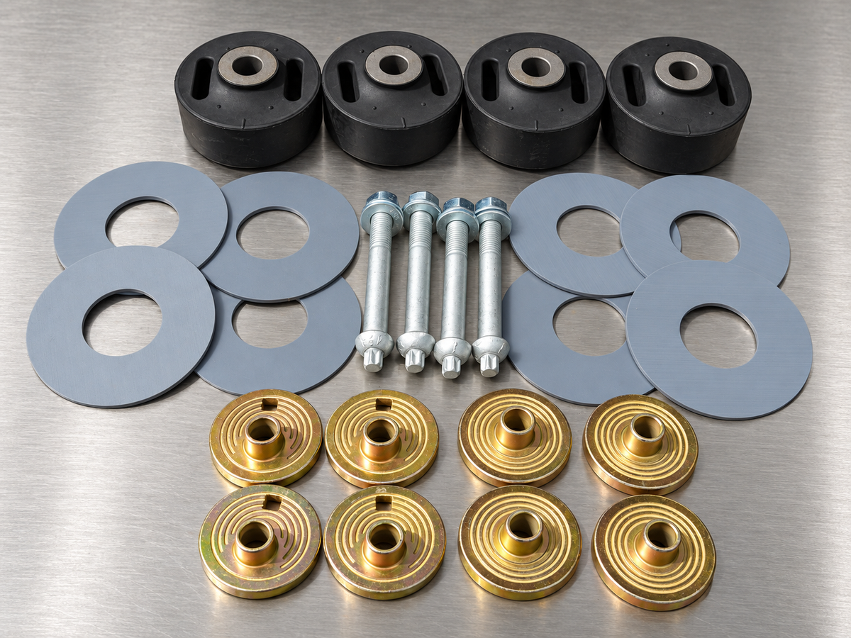 Two-axle suspension kit with four bushings, eight plastic washers, four bolts and eight alignment collars