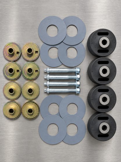 Two-axle suspension kit components arranged in an overhead view