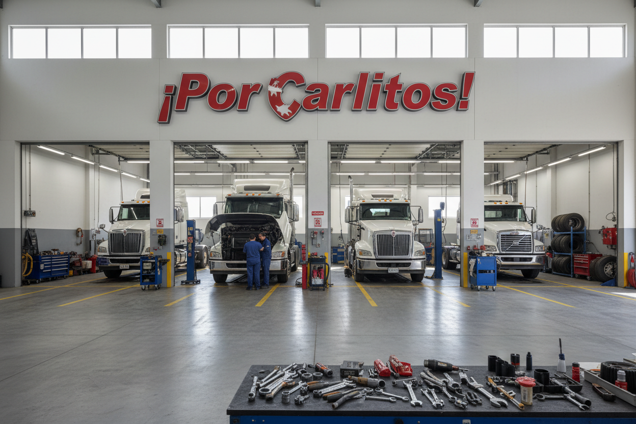 Un centro de servicio mecanico de camiones que tenga un letro que diga ¡Por Carlitos!