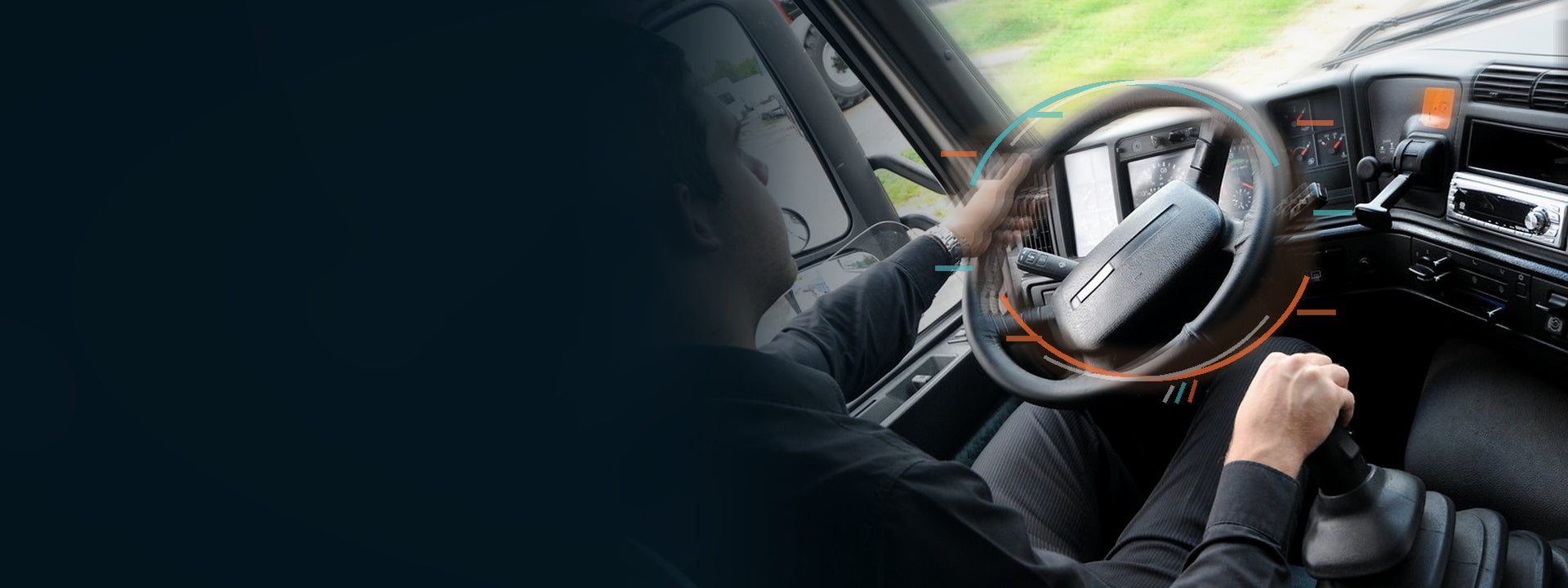 Semi-truck driver gripping a vibrating steering wheel; adapted from “hgv vehicle training” by slickimages, licensed CC BY 2.0.